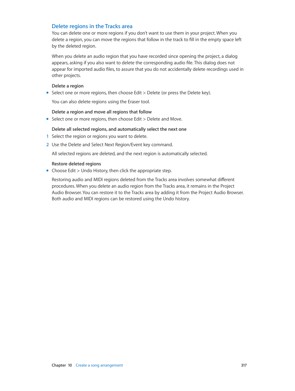 Delete regions in the tracks area | Apple Logic Pro X User Manual | Page 317 / 919