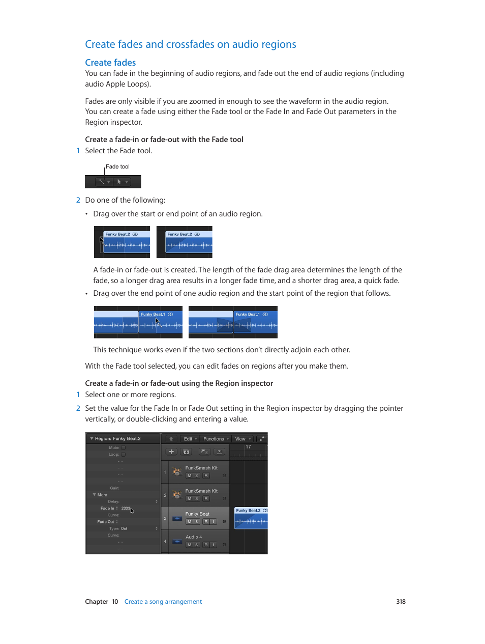 Create fades and crossfades on audio regions, Create fades | Apple Logic Pro X User Manual | Page 318 / 919