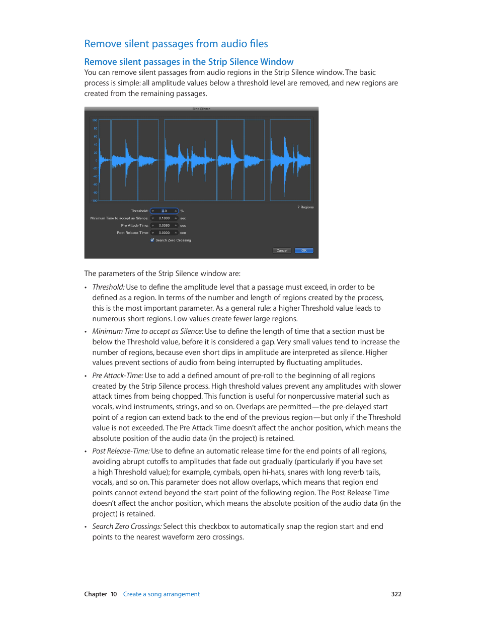 Remove silent passages from audio files, Remove silent passages in the strip silence window, 322 remove silent passages from audio files 322 | Remove silent passages in the strip, Silence window | Apple Logic Pro X User Manual | Page 322 / 919