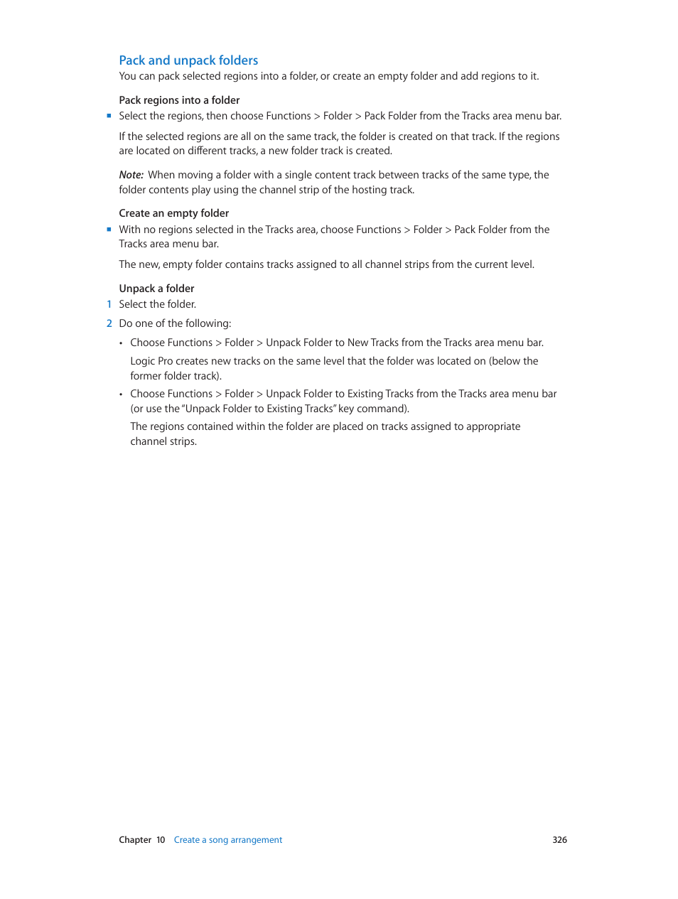 Pack and unpack folders | Apple Logic Pro X User Manual | Page 326 / 919