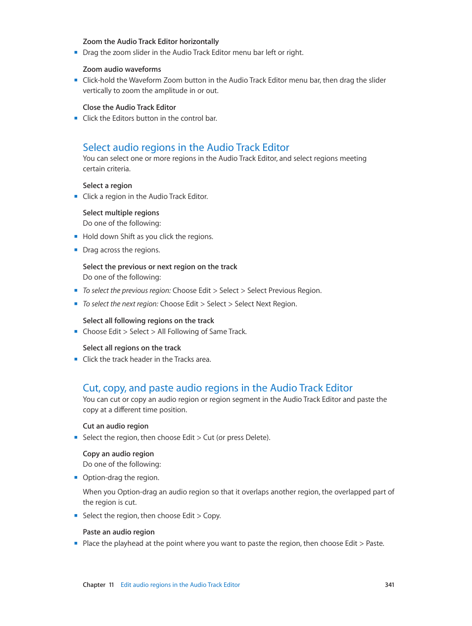 Select audio regions in the audio track editor | Apple Logic Pro X User Manual | Page 341 / 919