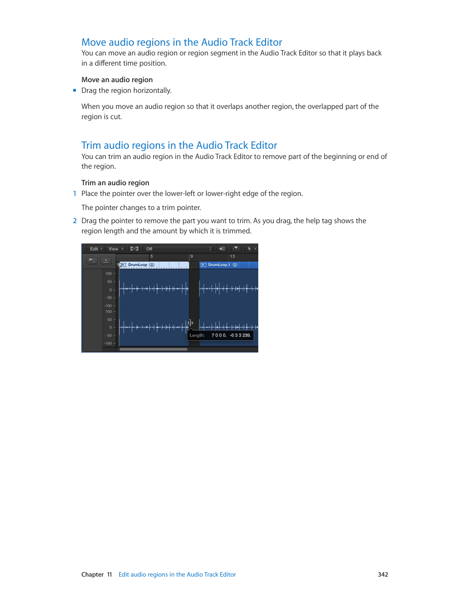 Move audio regions in the audio track editor, Trim audio regions in the audio track editor | Apple Logic Pro X User Manual | Page 342 / 919
