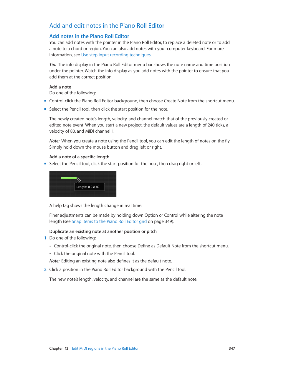 Add and edit notes in the piano roll editor, Add notes in the piano roll editor | Apple Logic Pro X User Manual | Page 347 / 919