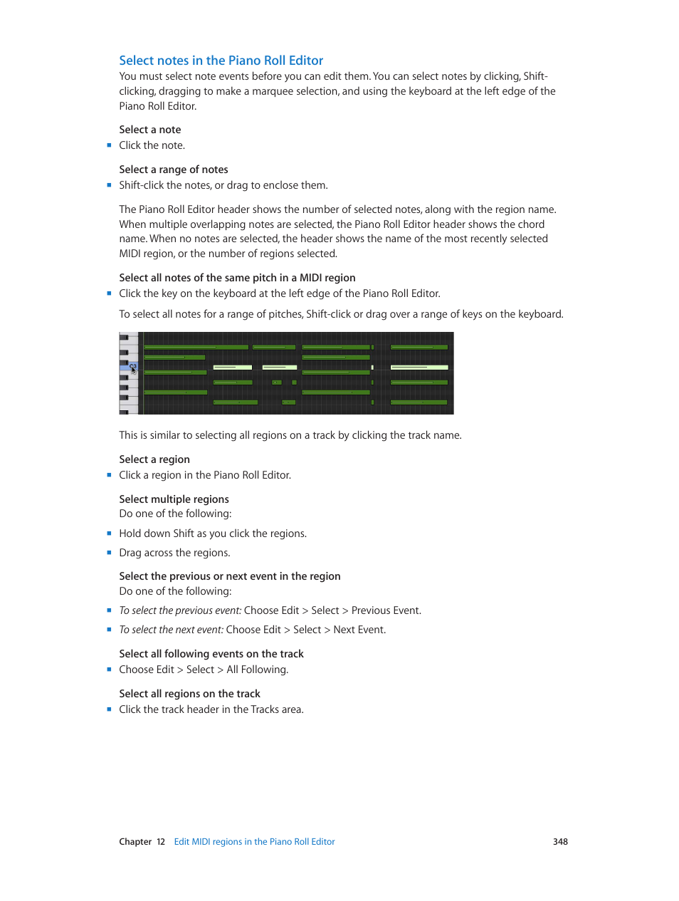 Select notes in the piano roll editor | Apple Logic Pro X User Manual | Page 348 / 919