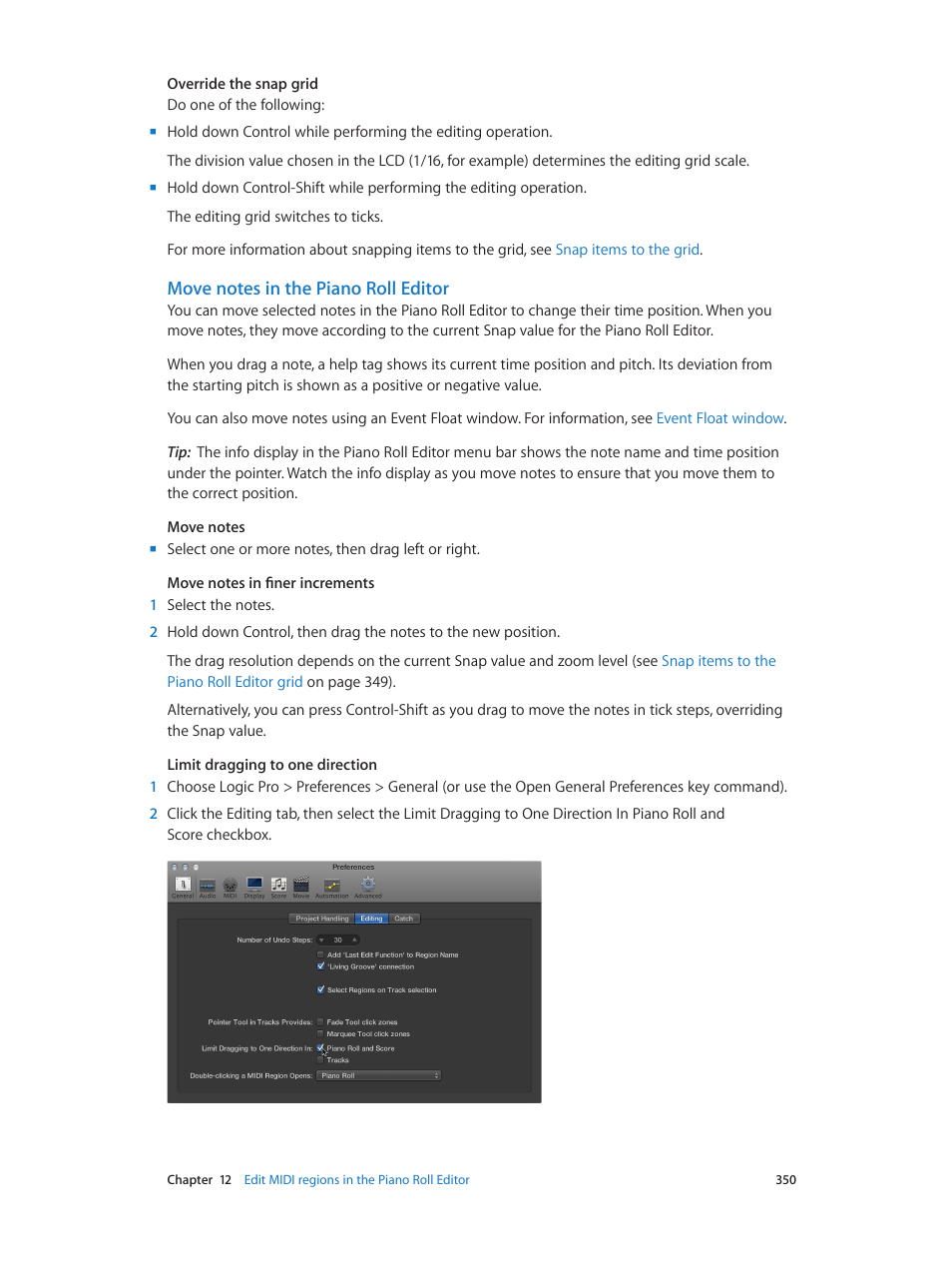 Move notes in the piano roll editor | Apple Logic Pro X User Manual | Page 350 / 919