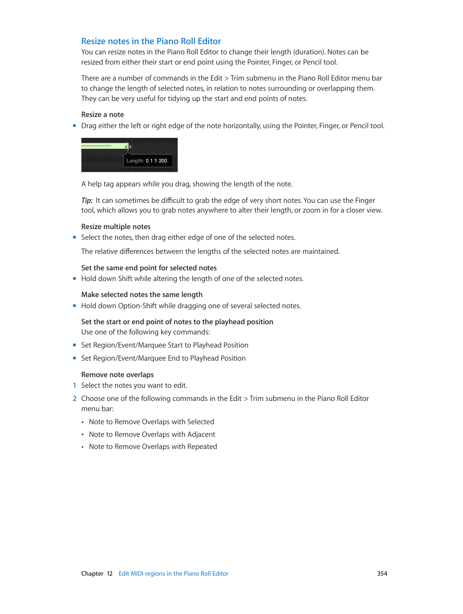 Resize notes in the piano roll editor | Apple Logic Pro X User Manual | Page 354 / 919