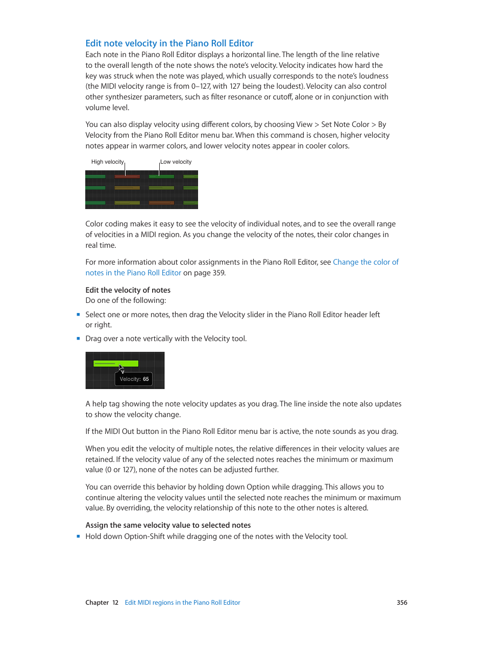 Edit note velocity in the piano roll editor | Apple Logic Pro X User Manual | Page 356 / 919