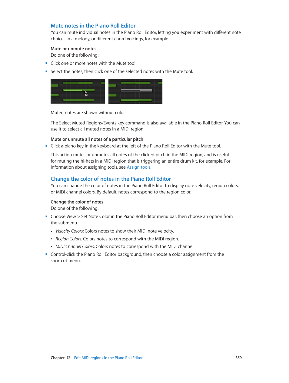 Mute notes in the piano roll editor, Change the color of notes in the piano roll editor, Change the color of | Notes in the piano roll editor | Apple Logic Pro X User Manual | Page 359 / 919