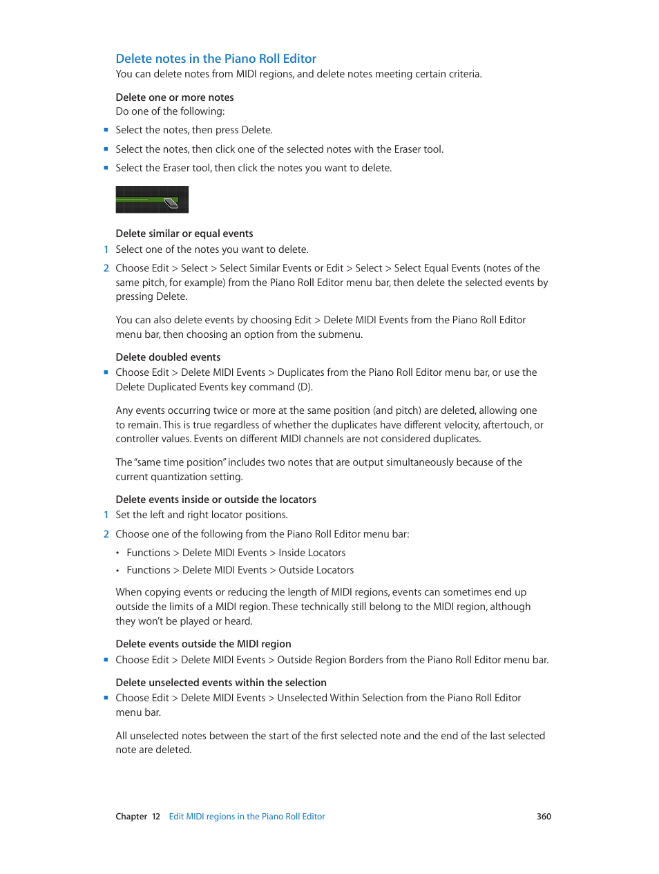 Delete notes in the piano roll editor | Apple Logic Pro X User Manual | Page 360 / 919