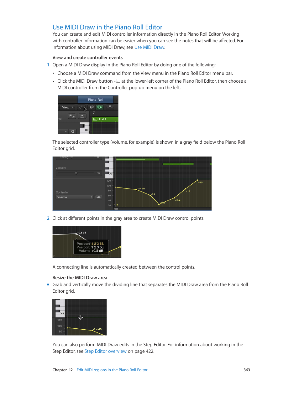 Use midi draw in the piano roll editor, 363 use midi draw in the piano roll editor | Apple Logic Pro X User Manual | Page 363 / 919