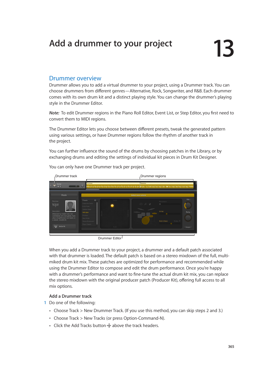 Chapter 13: add a drummer to your project, Drummer overview, 365 drummer overview | Add a drummer to your project | Apple Logic Pro X User Manual | Page 365 / 919