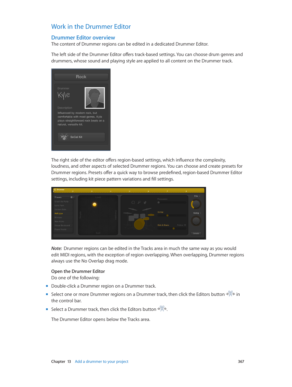 Work in the drummer editor, Drummer editor overview, 367 work in the drummer editor 367 | Apple Logic Pro X User Manual | Page 367 / 919