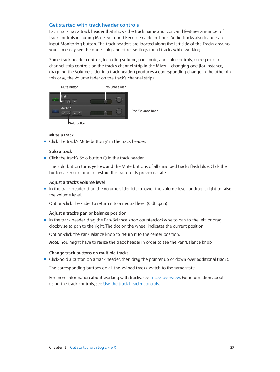 Get started with track header controls | Apple Logic Pro X User Manual | Page 37 / 919