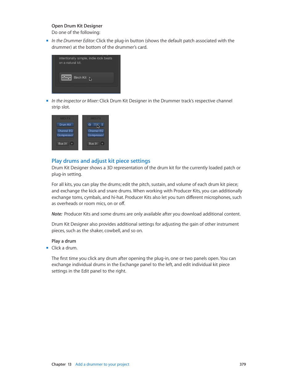 Play drums and adjust kit piece settings | Apple Logic Pro X User Manual | Page 379 / 919