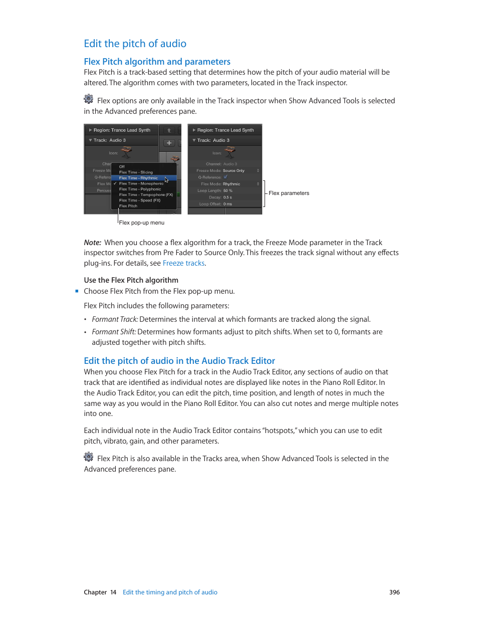 Edit the pitch of audio, Flex pitch algorithm and parameters, Edit the pitch of audio in the audio track editor | 396 edit the pitch of audio 396 | Apple Logic Pro X User Manual | Page 396 / 919