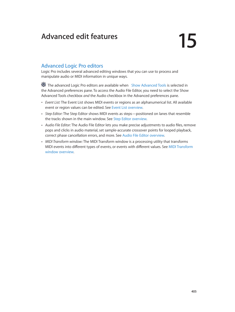 Chapter 15: advanced edit features, Advanced logic pro editors, 405 advanced logic pro editors | Advanced edit features | Apple Logic Pro X User Manual | Page 405 / 919