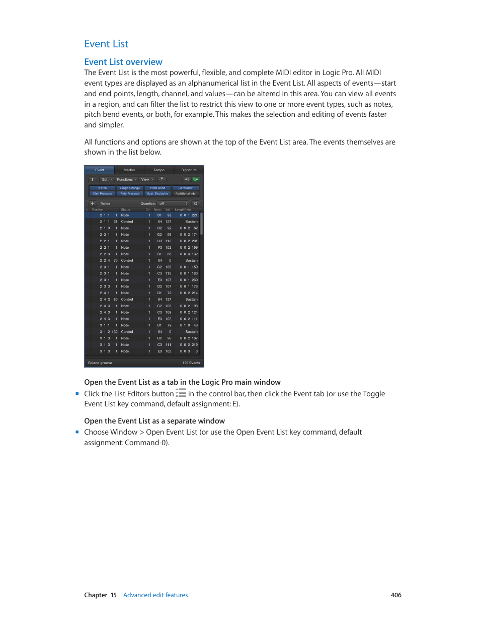 Event list, Event list overview, 406 event list 406 | Apple Logic Pro X User Manual | Page 406 / 919