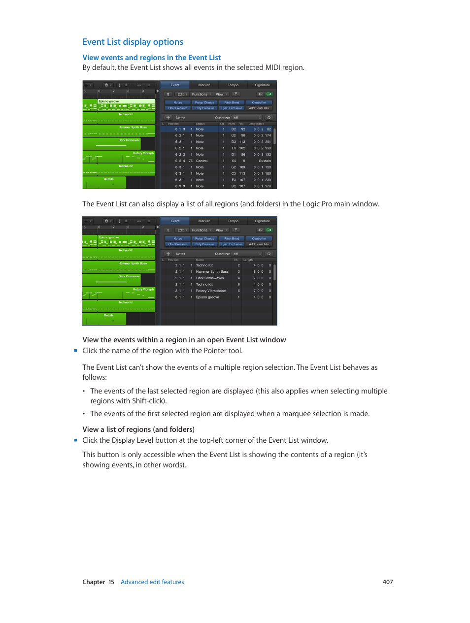 Event list display options | Apple Logic Pro X User Manual | Page 407 / 919