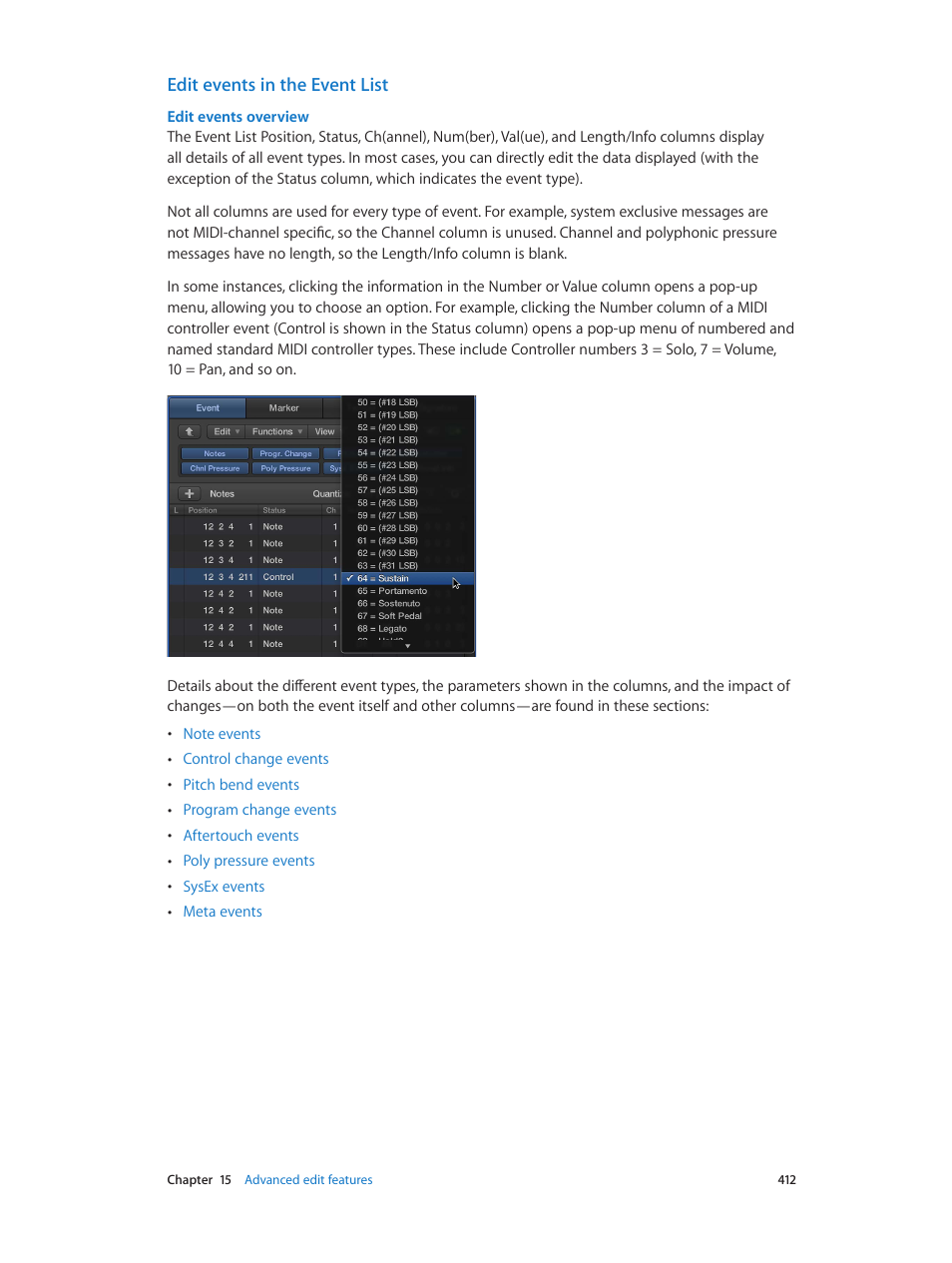 Edit events in the event list | Apple Logic Pro X User Manual | Page 412 / 919