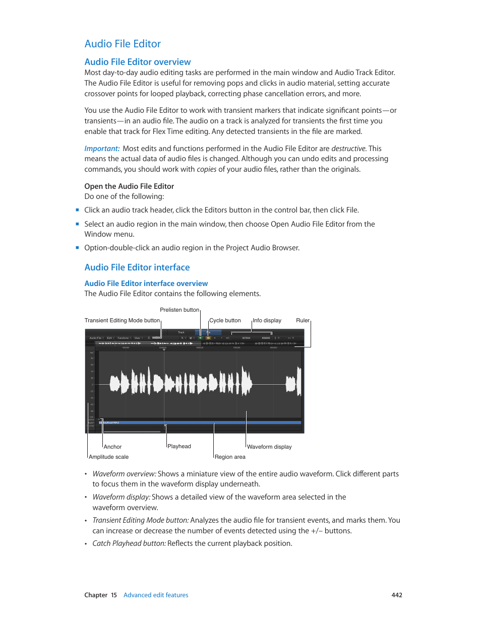 Audio file editor, Audio file editor overview, Audio file editor interface | 442 audio file editor 442, Audio file, Editor overview | Apple Logic Pro X User Manual | Page 442 / 919