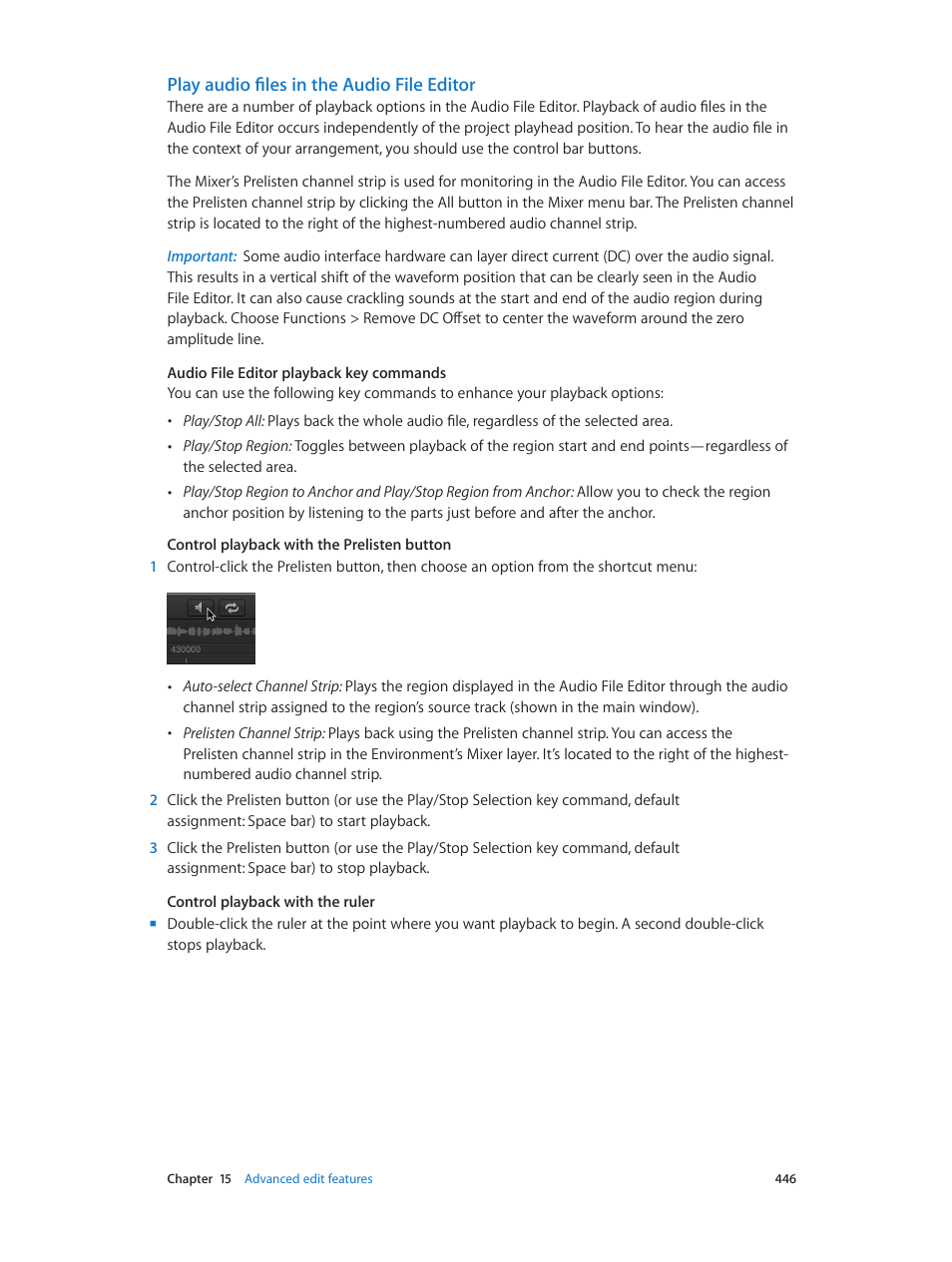 Play audio files in the audio file editor | Apple Logic Pro X User Manual | Page 446 / 919