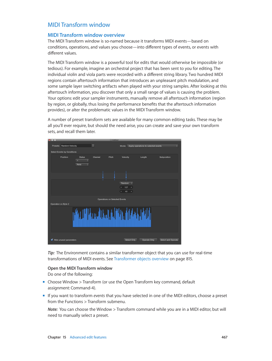 Midi transform window, Midi transform window overview, 467 midi transform window 467 | Midi transform, Window overview | Apple Logic Pro X User Manual | Page 467 / 919