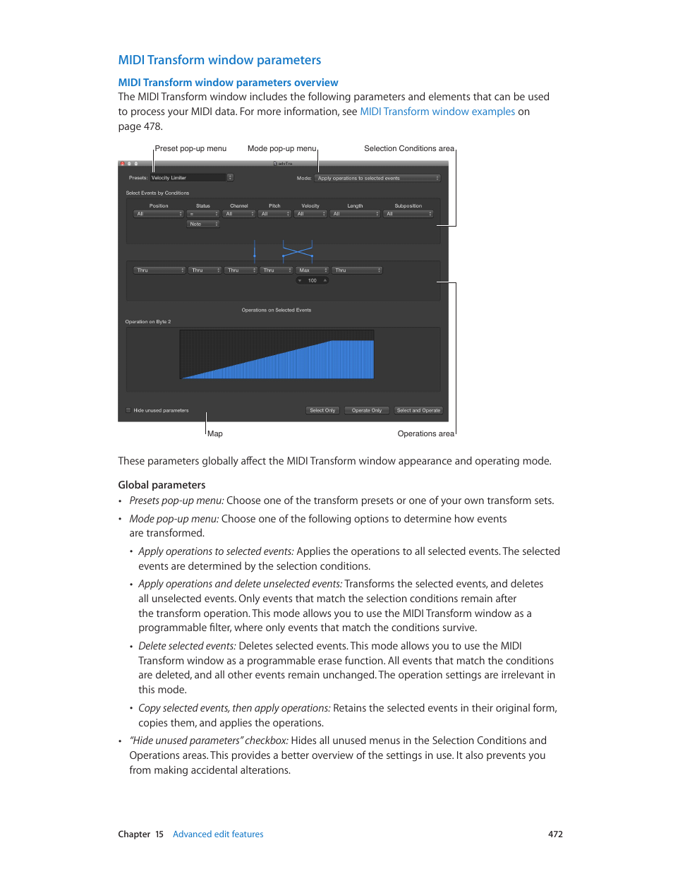 Midi transform window parameters | Apple Logic Pro X User Manual | Page 472 / 919