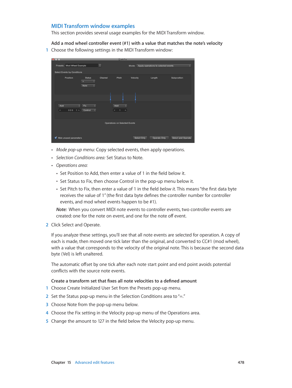 Midi transform window examples | Apple Logic Pro X User Manual | Page 478 / 919