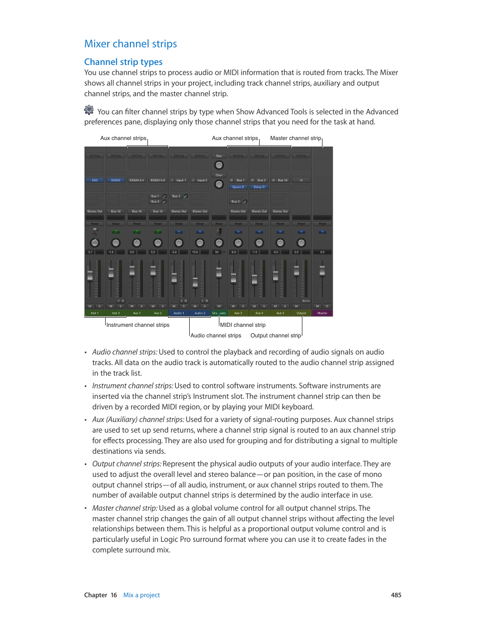 Mixer channel strips, Channel strip types, 485 mixer channel strips 485 | Apple Logic Pro X User Manual | Page 485 / 919