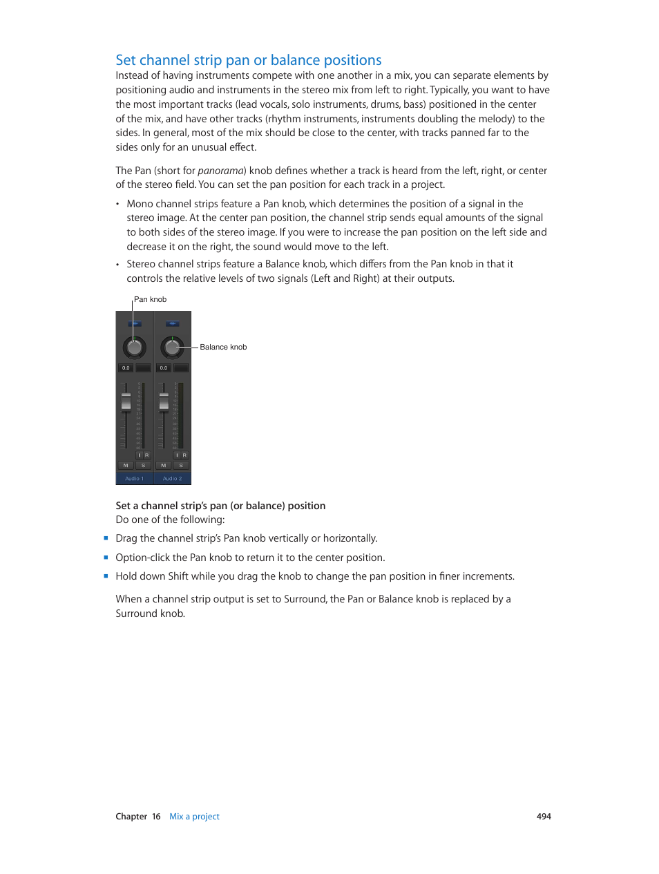 Set channel strip pan or balance positions, 494 set channel strip pan or balance positions | Apple Logic Pro X User Manual | Page 494 / 919