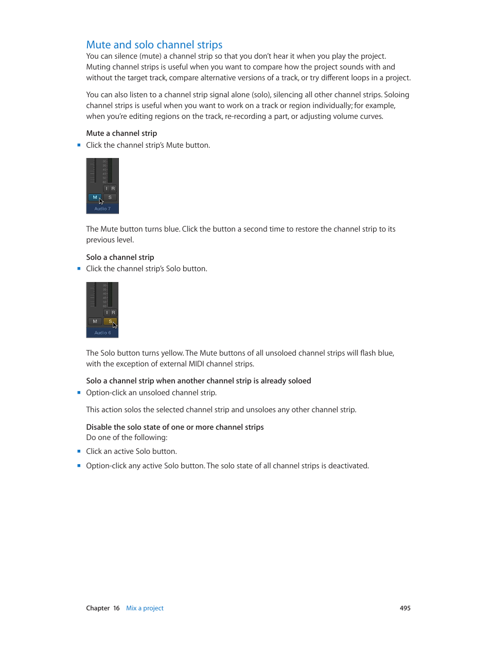 Mute and solo channel strips, 495 mute and solo channel strips | Apple Logic Pro X User Manual | Page 495 / 919