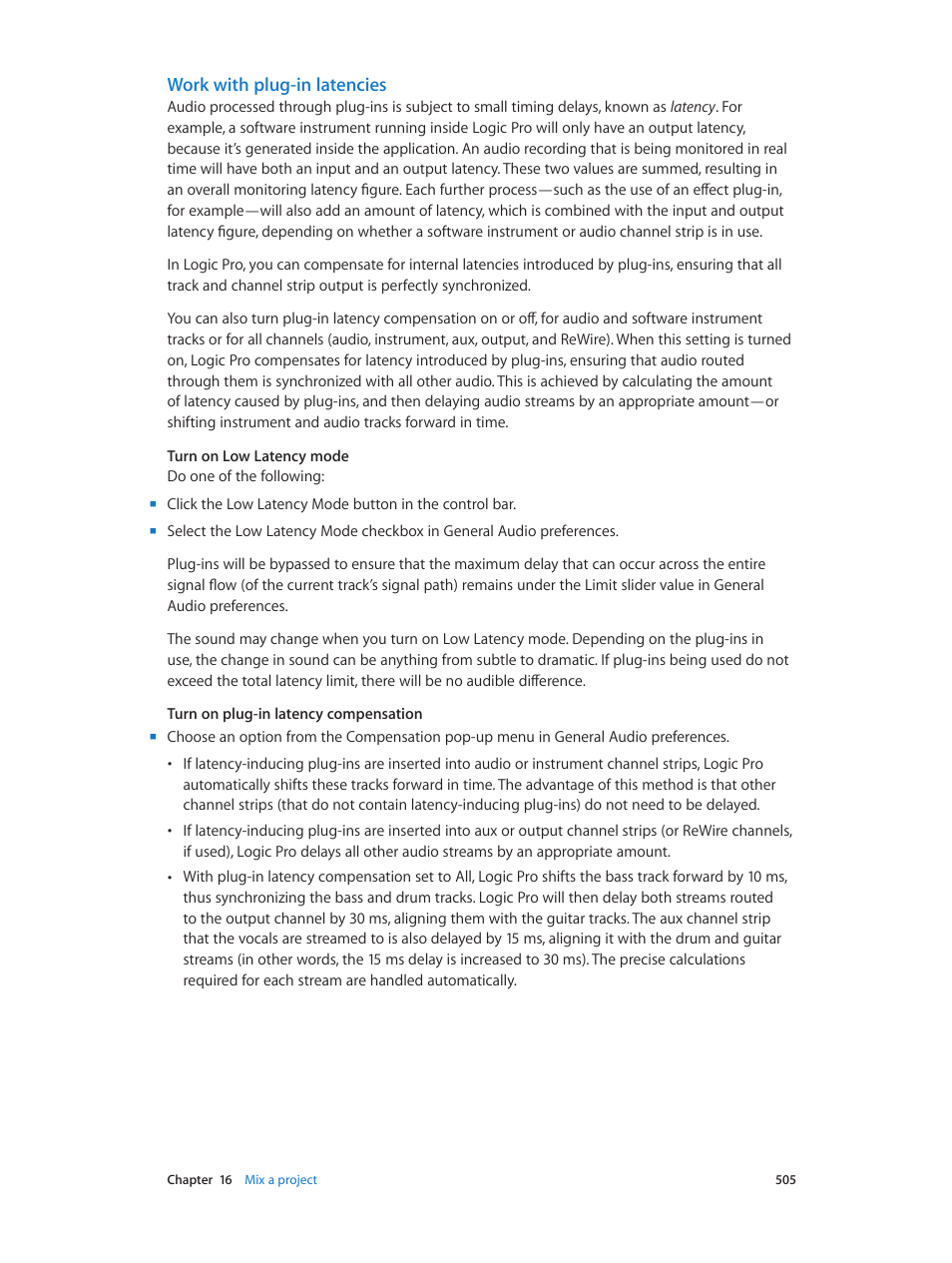 Work with plug-in latencies | Apple Logic Pro X User Manual | Page 505 / 919