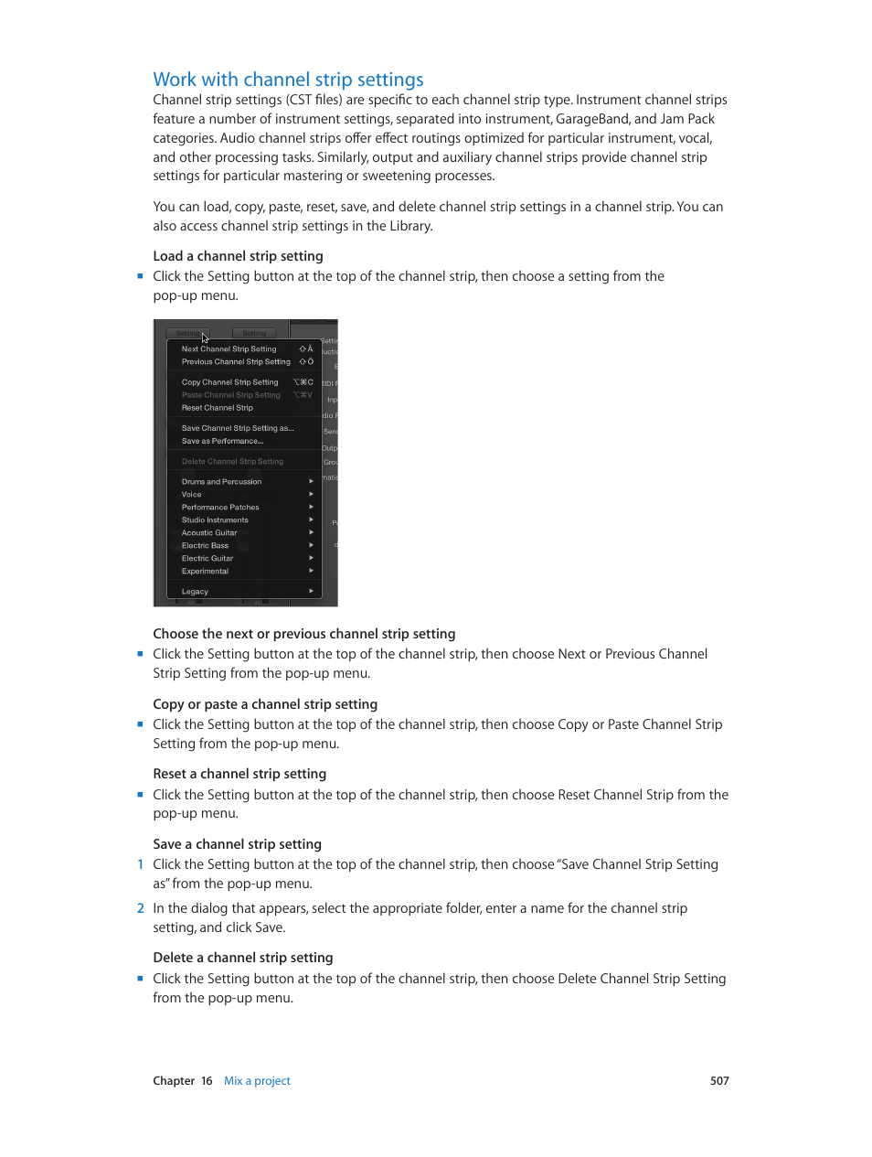 Work with channel strip settings, 507 work with channel strip settings | Apple Logic Pro X User Manual | Page 507 / 919