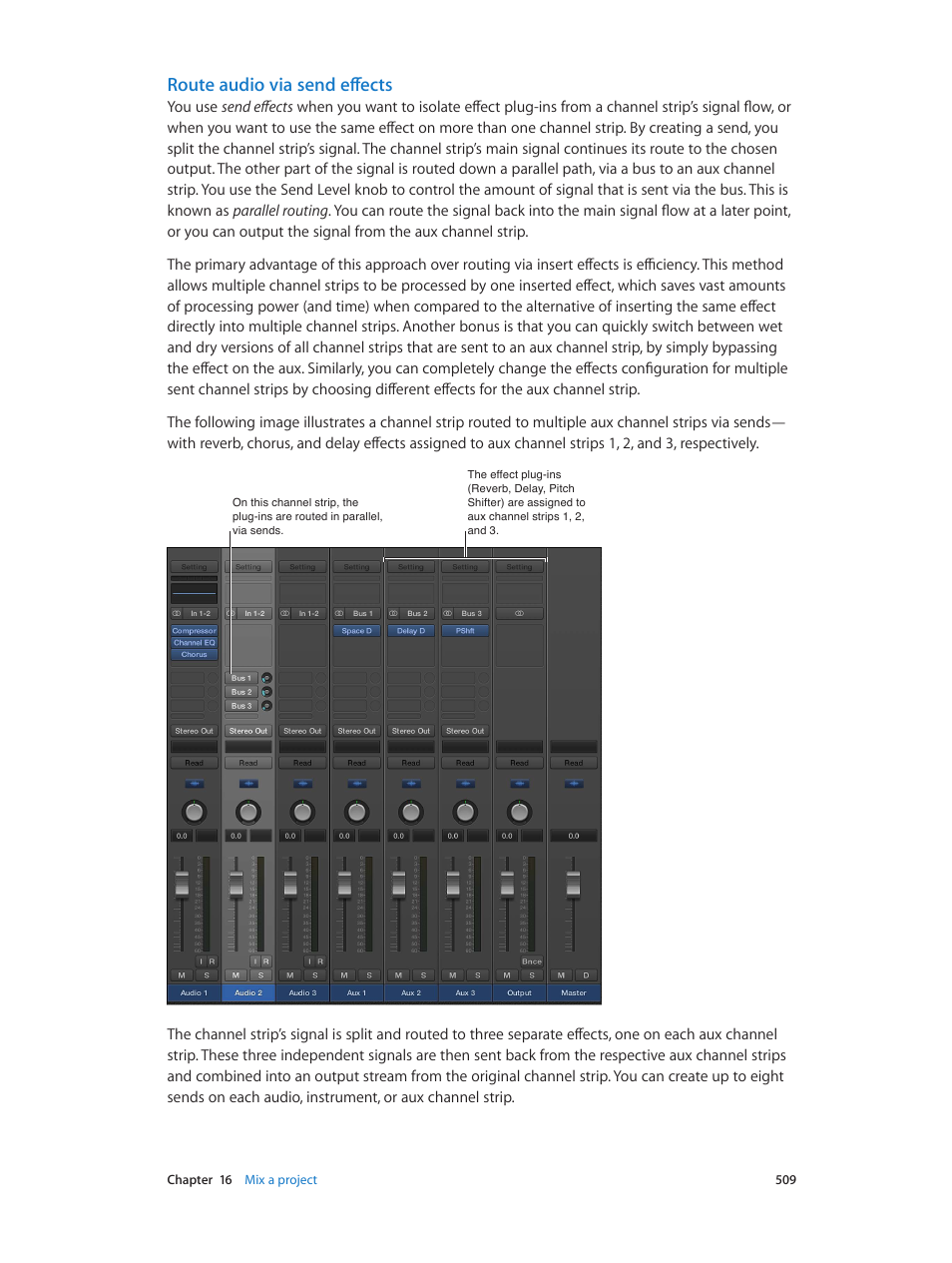 Route audio via send effects | Apple Logic Pro X User Manual | Page 509 / 919