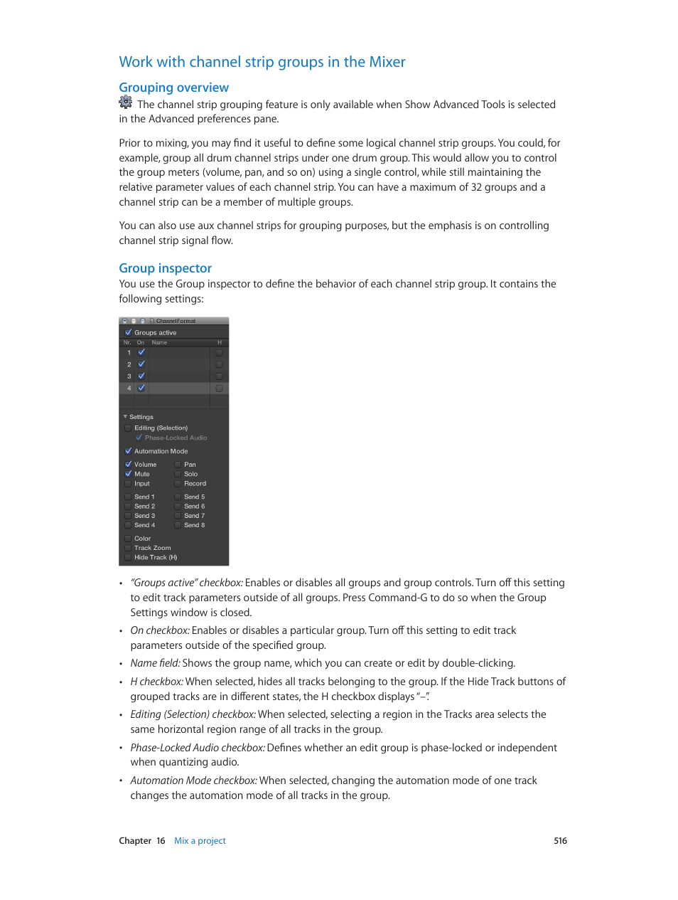 Work with channel strip groups in the mixer, Grouping overview, Group inspector | Apple Logic Pro X User Manual | Page 516 / 919