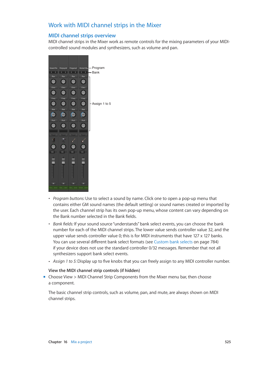 Work with midi channel strips in the mixer, Midi channel strips overview, 525 work with midi channel strips in the mixer 525 | Apple Logic Pro X User Manual | Page 525 / 919