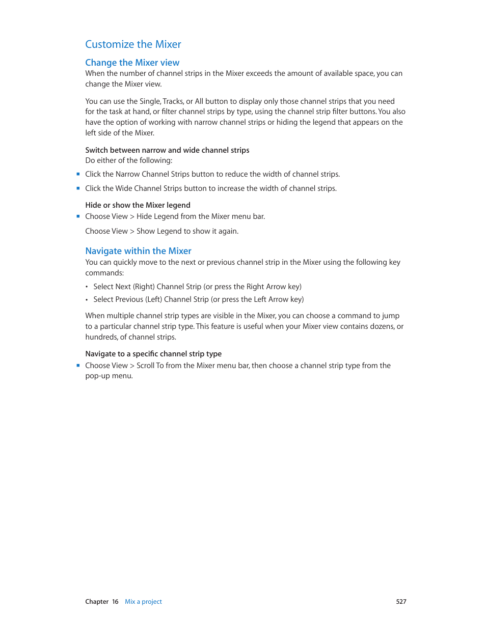 Customize the mixer, Change the mixer view, Navigate within the mixer | 527 customize the mixer 527 | Apple Logic Pro X User Manual | Page 527 / 919