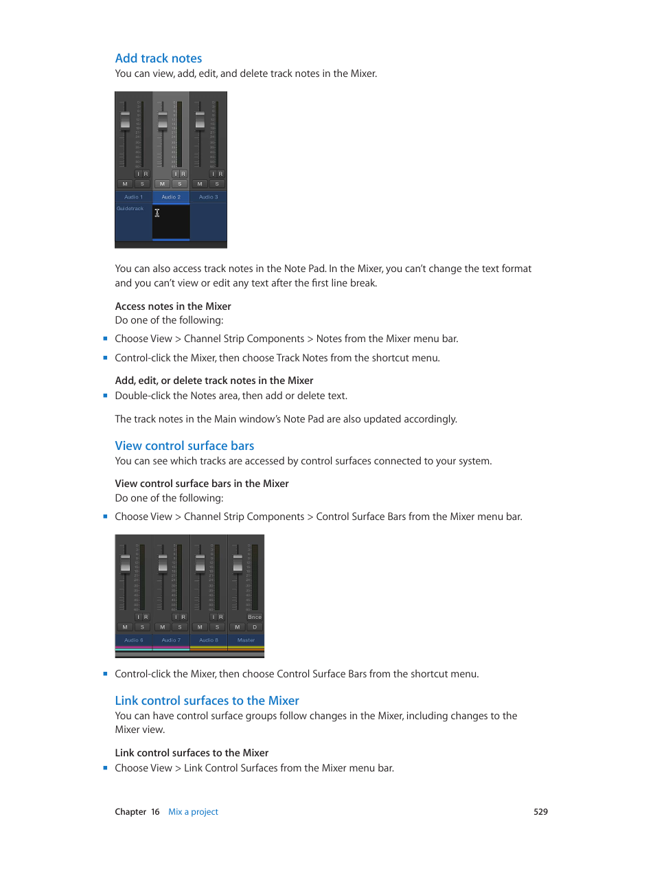 Add track notes, View control surface bars, Link control surfaces to the mixer | Apple Logic Pro X User Manual | Page 529 / 919