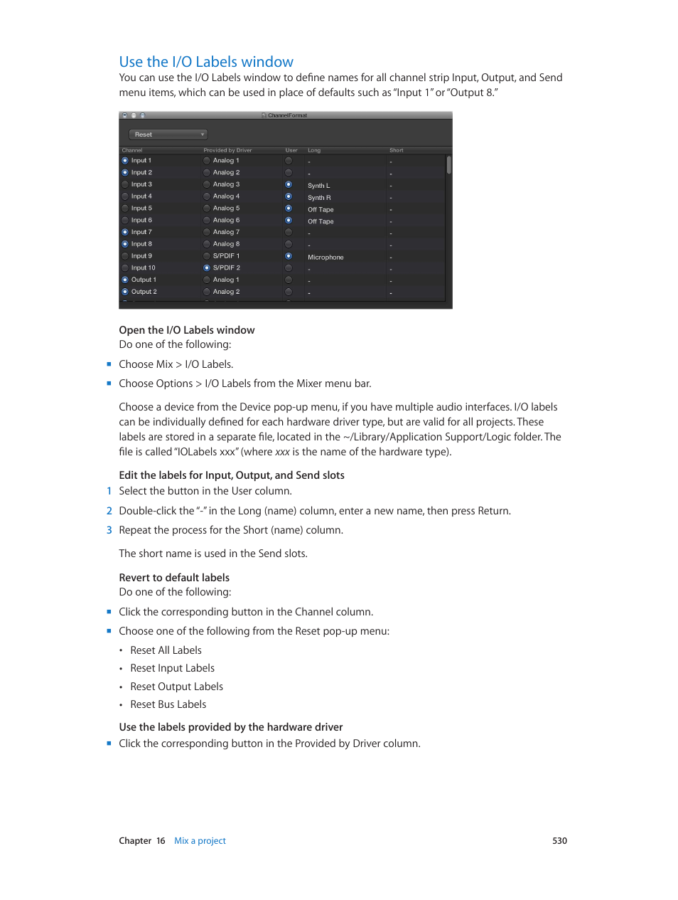 Use the i/o labels window, 530 use the i/o labels window | Apple Logic Pro X User Manual | Page 530 / 919