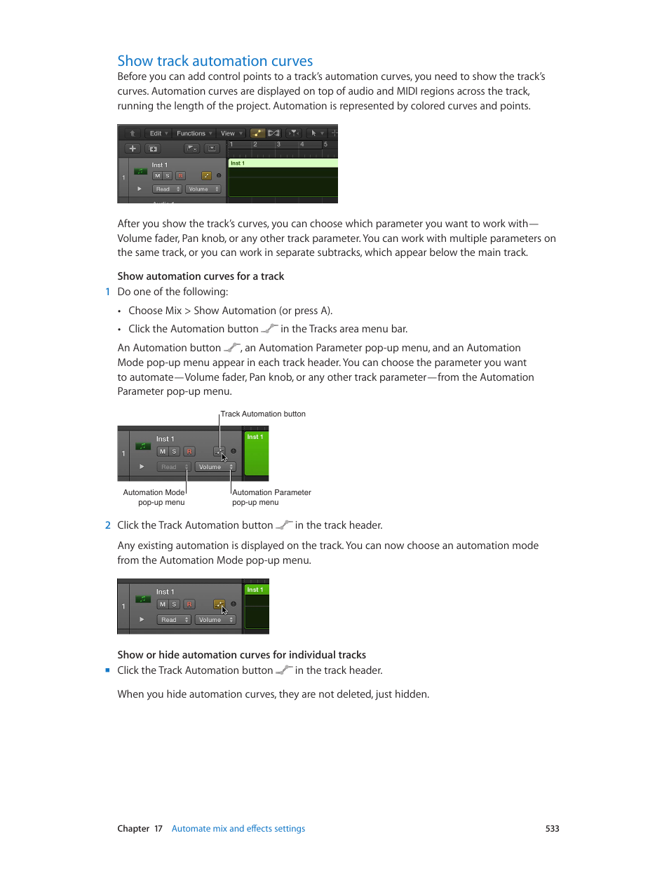 Show track automation curves, 533 show track automation curves | Apple Logic Pro X User Manual | Page 533 / 919