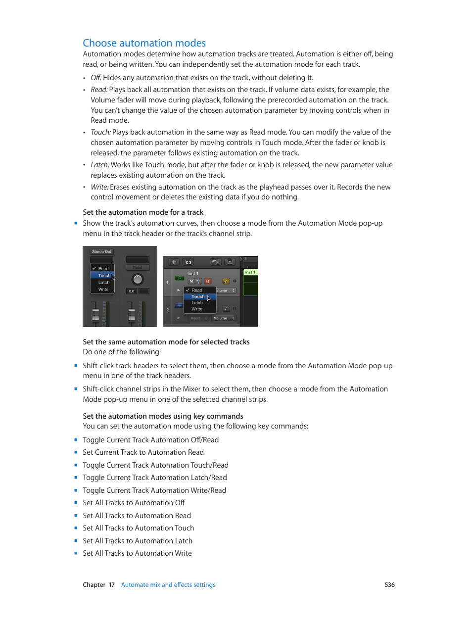 Choose automation modes, 536 choose automation modes | Apple Logic Pro X User Manual | Page 536 / 919