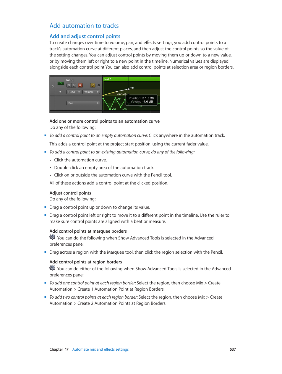 Add automation to tracks, Add and adjust control points, 537 add automation to tracks 537 | Apple Logic Pro X User Manual | Page 537 / 919