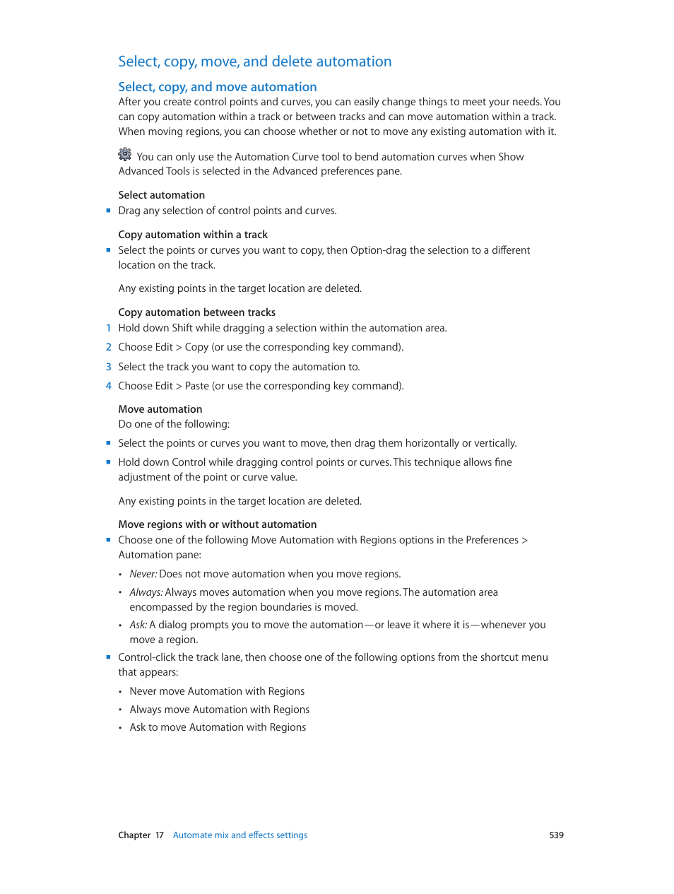 Select, copy, move, and delete automation, Select, copy, and move automation, 539 select, copy, move, and delete automation 539 | Apple Logic Pro X User Manual | Page 539 / 919