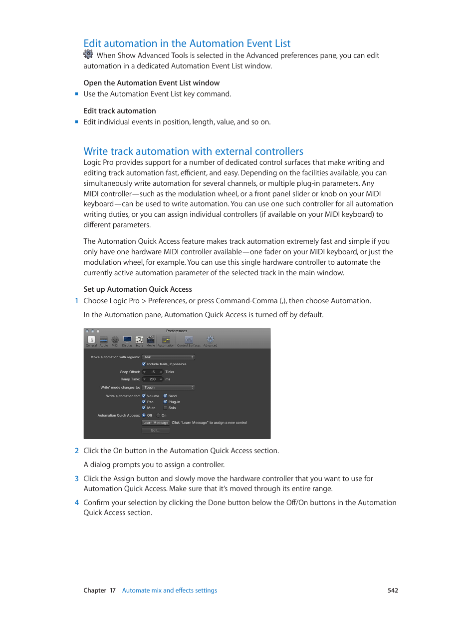 Edit automation in the automation event list, Write track automation with external controllers | Apple Logic Pro X User Manual | Page 542 / 919