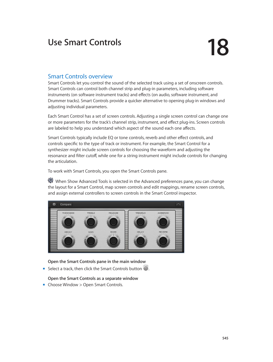 Chapter 18: use smart controls, Smart controls overview, 545 smart controls overview | Use smart controls | Apple Logic Pro X User Manual | Page 545 / 919