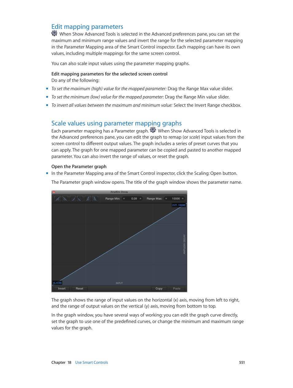 Edit mapping parameters, Scale values using parameter mapping graphs | Apple Logic Pro X User Manual | Page 551 / 919