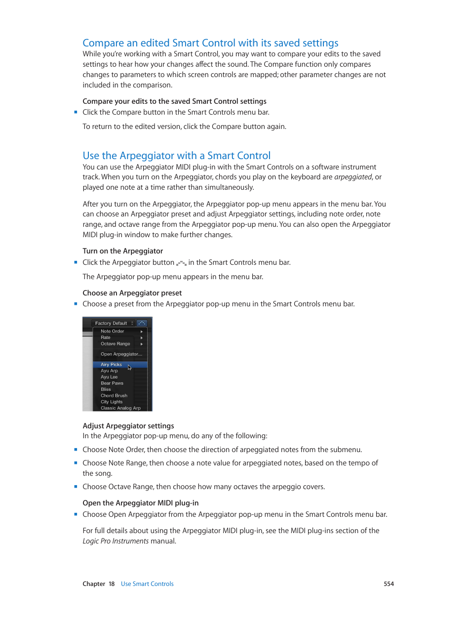 Use the arpeggiator with a smart control | Apple Logic Pro X User Manual | Page 554 / 919