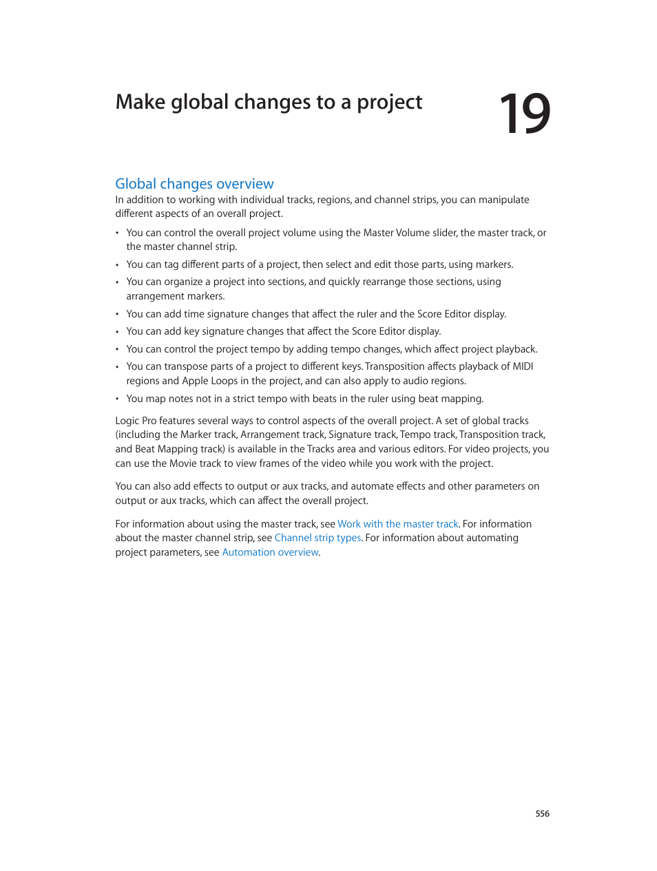 Chapter 19: make global changes to a project, Global changes overview, 556 global changes overview | Make global changes to a project | Apple Logic Pro X User Manual | Page 556 / 919