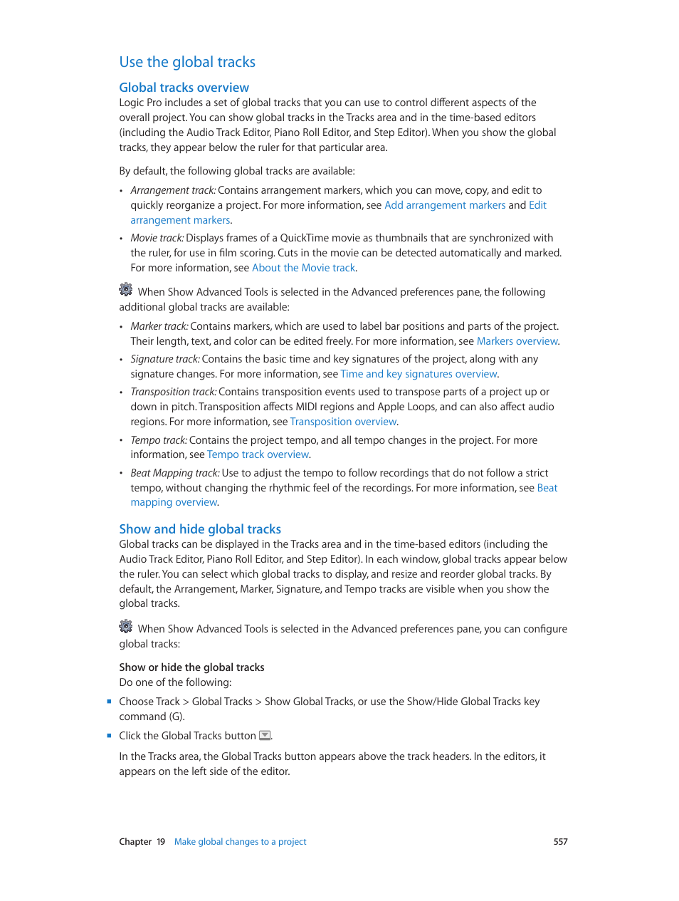 Use the global tracks, Global tracks overview, Show and hide global tracks | 557 use the global tracks 557 | Apple Logic Pro X User Manual | Page 557 / 919