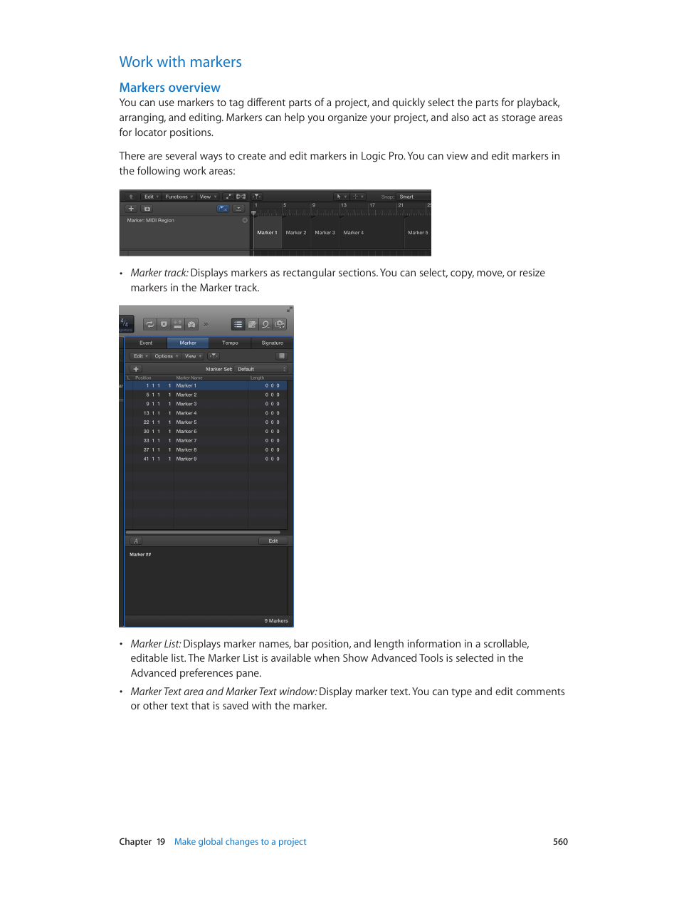 Work with markers, Markers overview, 560 work with markers 560 | Apple Logic Pro X User Manual | Page 560 / 919
